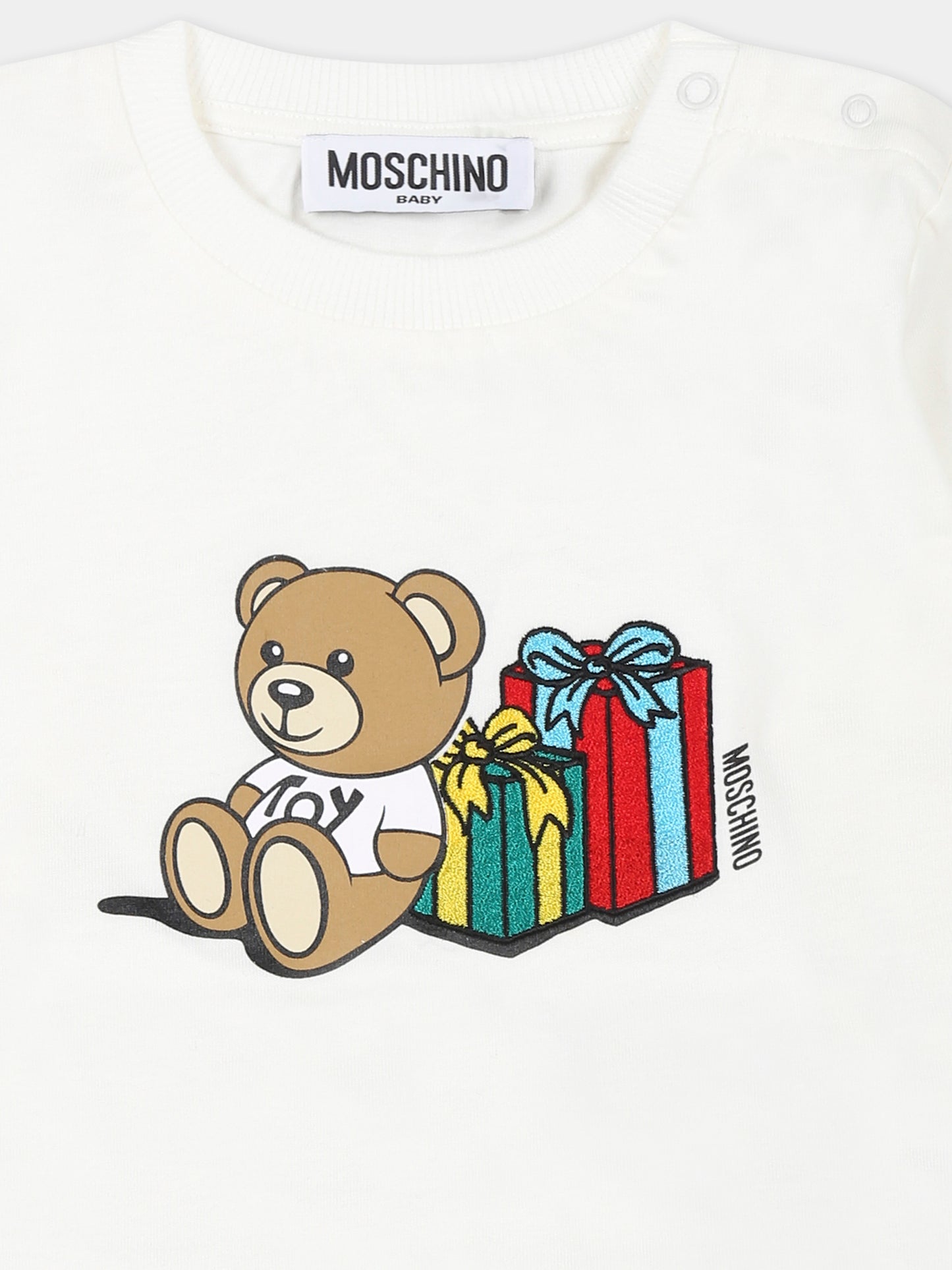 T-shirt bianca per neonati con Teddy Bear e regali,Moschino Kids,MUO00V LAA10 10063