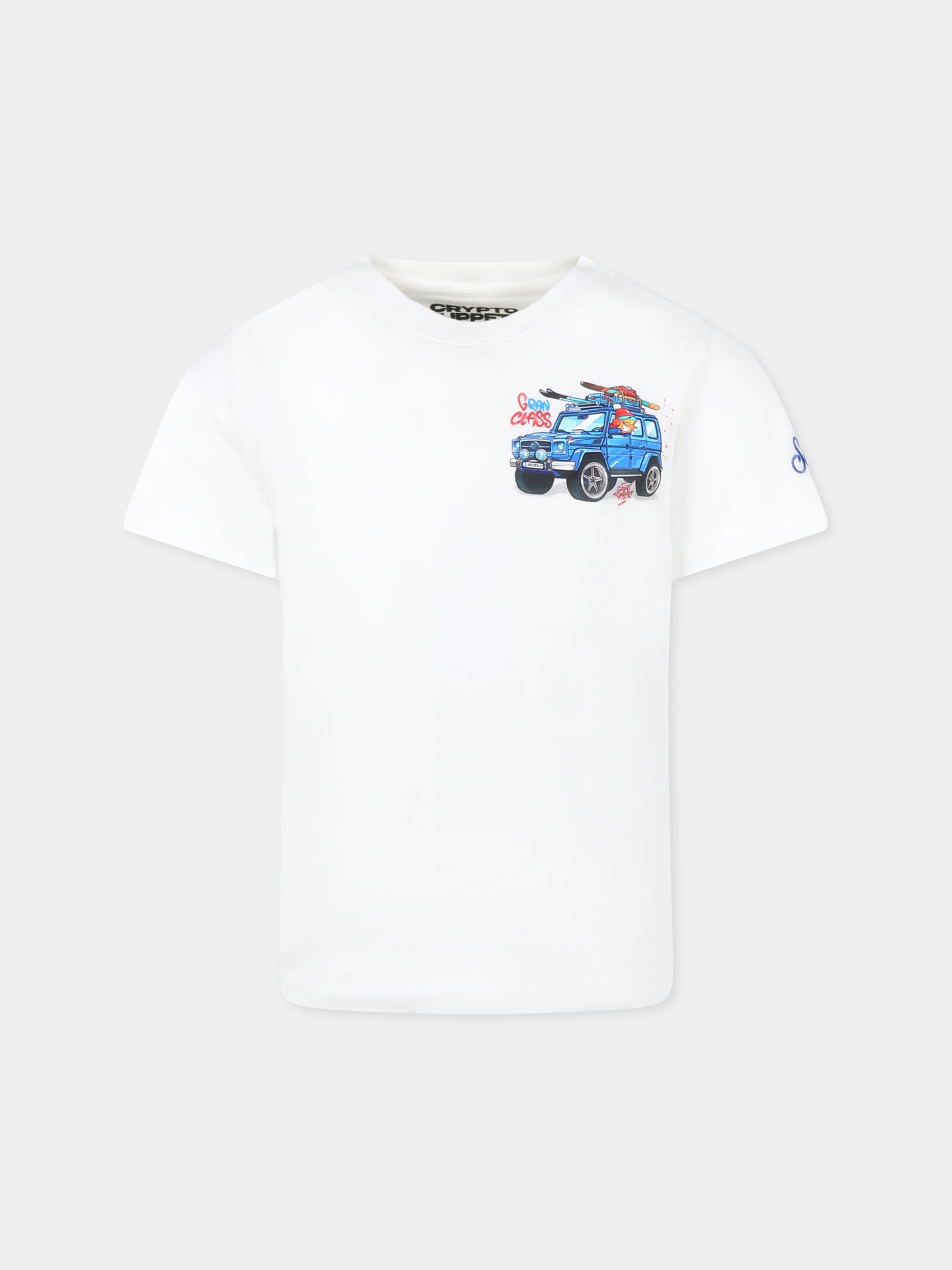 T-shirt bianca per bambino con stampa automobile,Mc2 Saint Barth,CAM0001 - 00949G