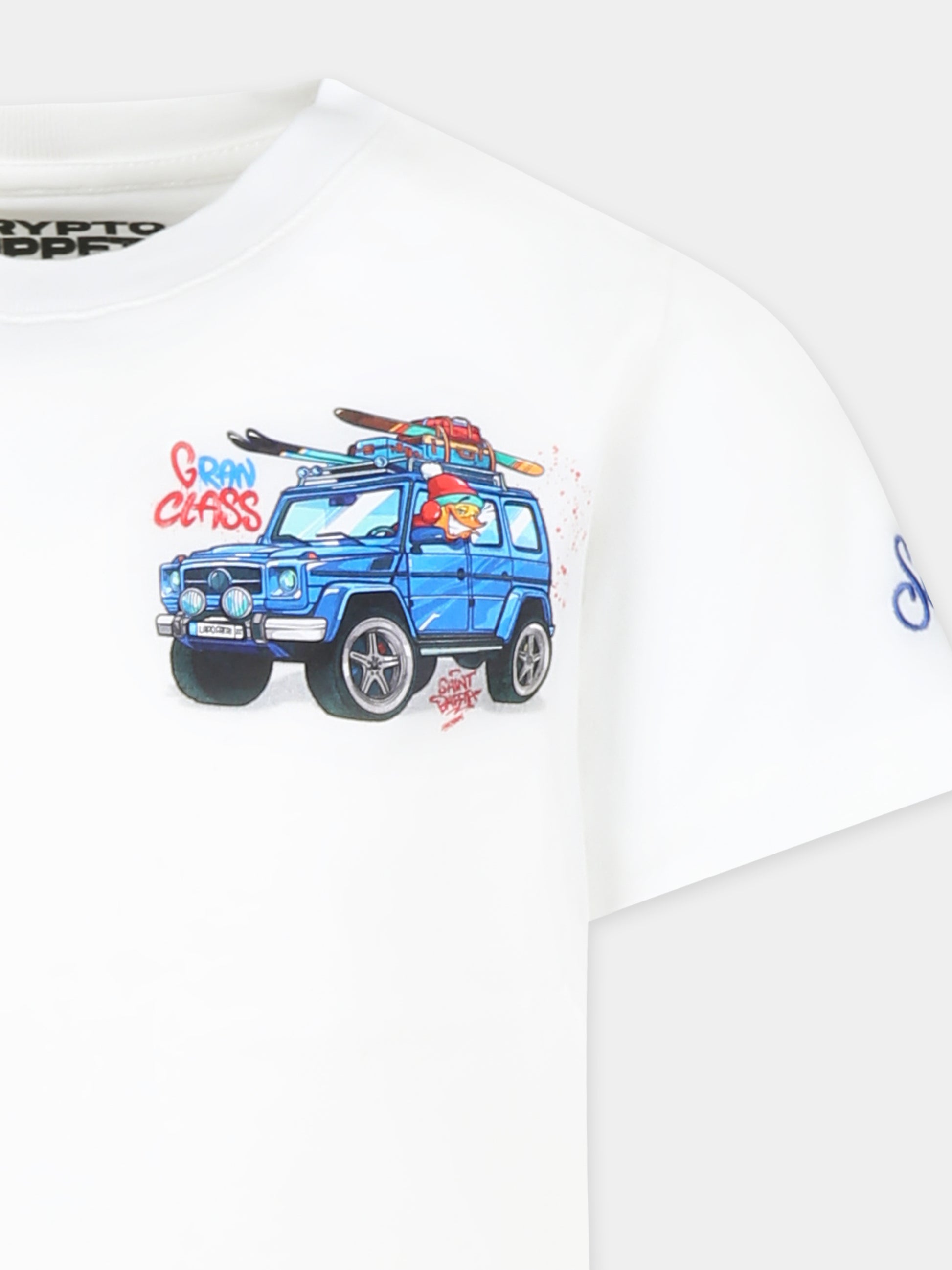 T-shirt bianca per bambino con stampa automobile,Mc2 Saint Barth,CAM0001 - 00949G