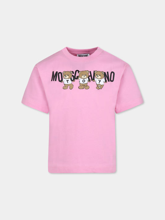 T-shirt rosa per bambina con tre Teddy Bears,Moschino Kids,H9M03R LAA10 50243