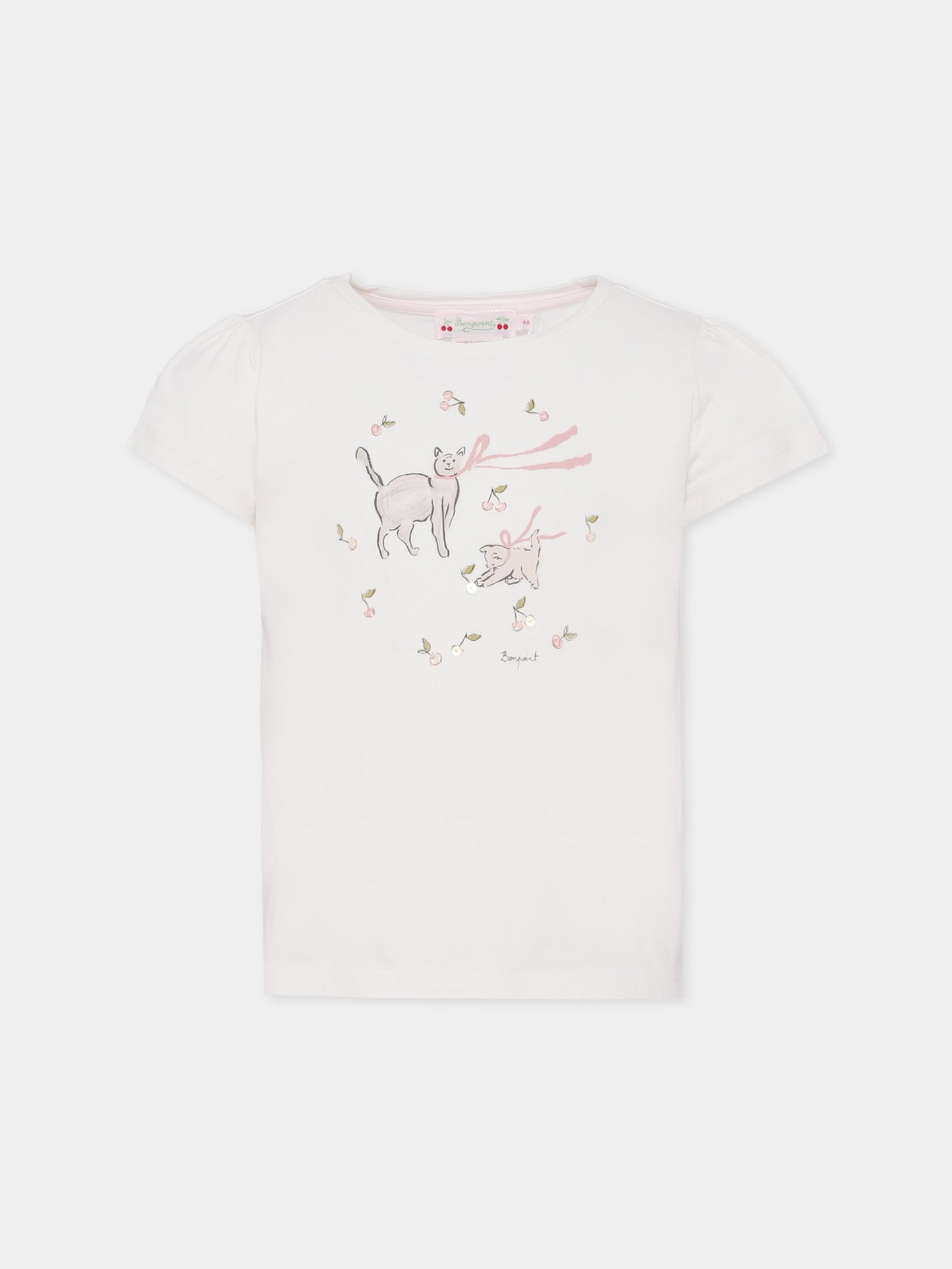 T-shirt avorio per bambina con ciliegie e gatto,Bonpoint,W05GTSK00009 103