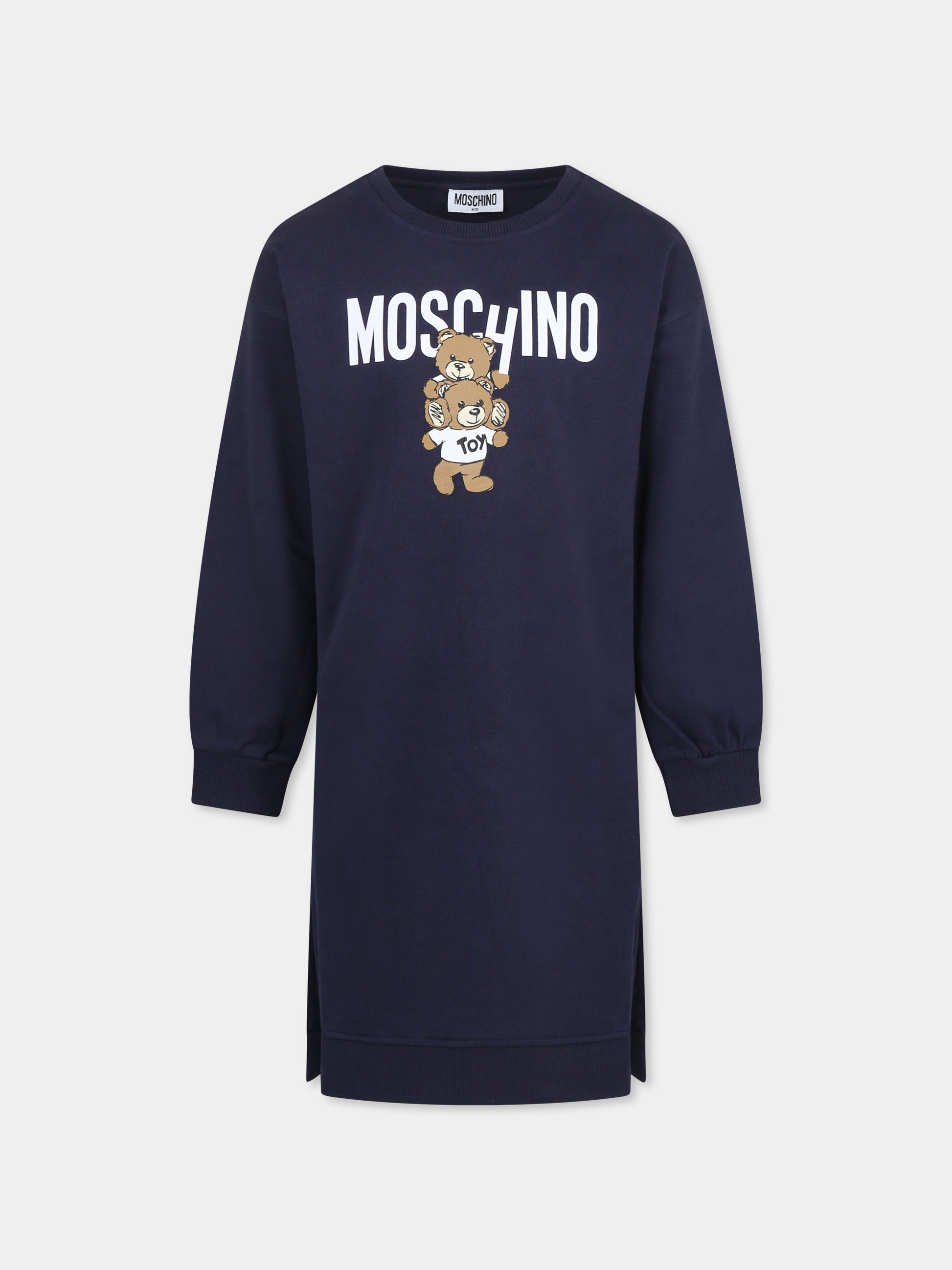 Vestito blu per bambina con due Teddy Bears,Moschino Kids,HDV0FE LCA14 40016