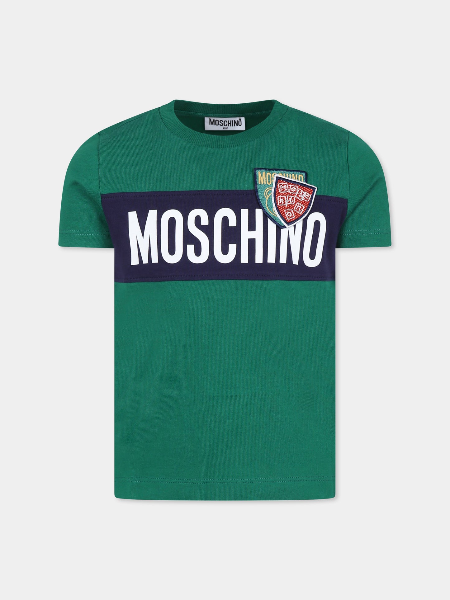 T-shirt verde per bambino con logo e stemmi,Moschino Kids,HUM04T LAA20 30139