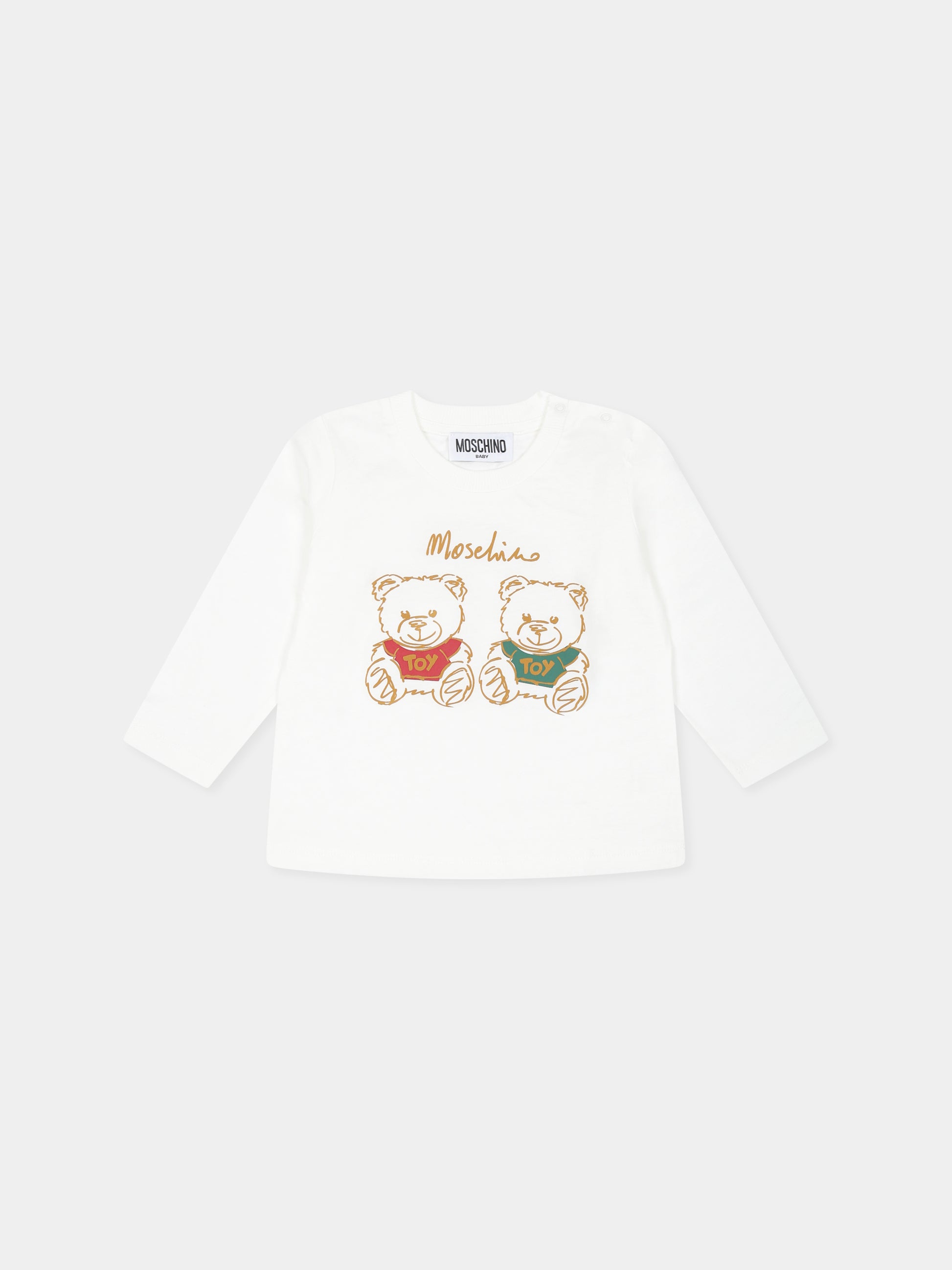 T-shirt bianca per neonato con due Teddy Bears e logo,Moschino Kids,MNO00R LAA01 10063