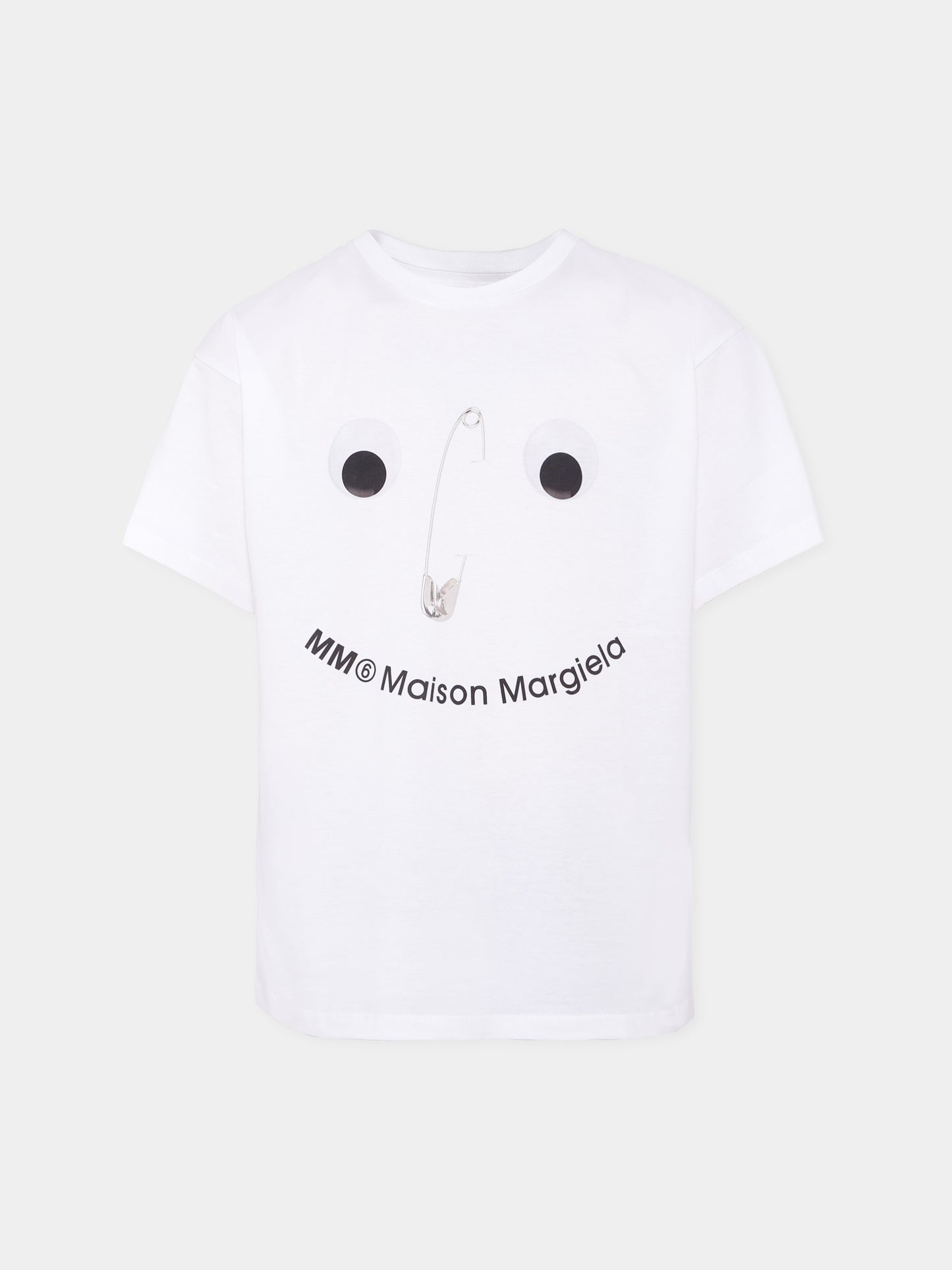T-shirt bianca per bambini con spilla da balia,Mm6 Maison Margiela,M60907-MM04I-M6100