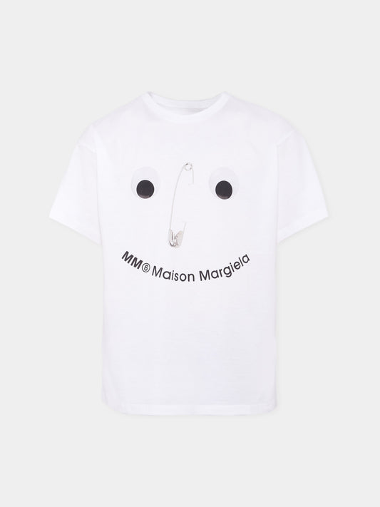 T-shirt bianca per bambini con spilla da balia,Mm6 Maison Margiela,M60907-MM04I-M6100