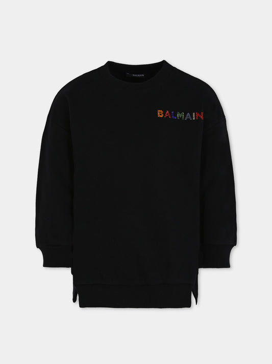 Felpa nera per bambina con logo di strass,Balmain Kids,BX4A70-Z3183 930MC