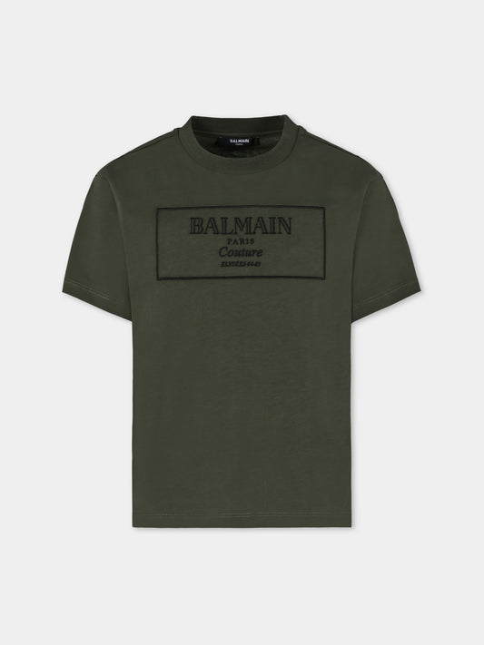 T-shirt verde per bambini con logo ricamato,Balmain Kids,BX8P51-Z3186 762NE