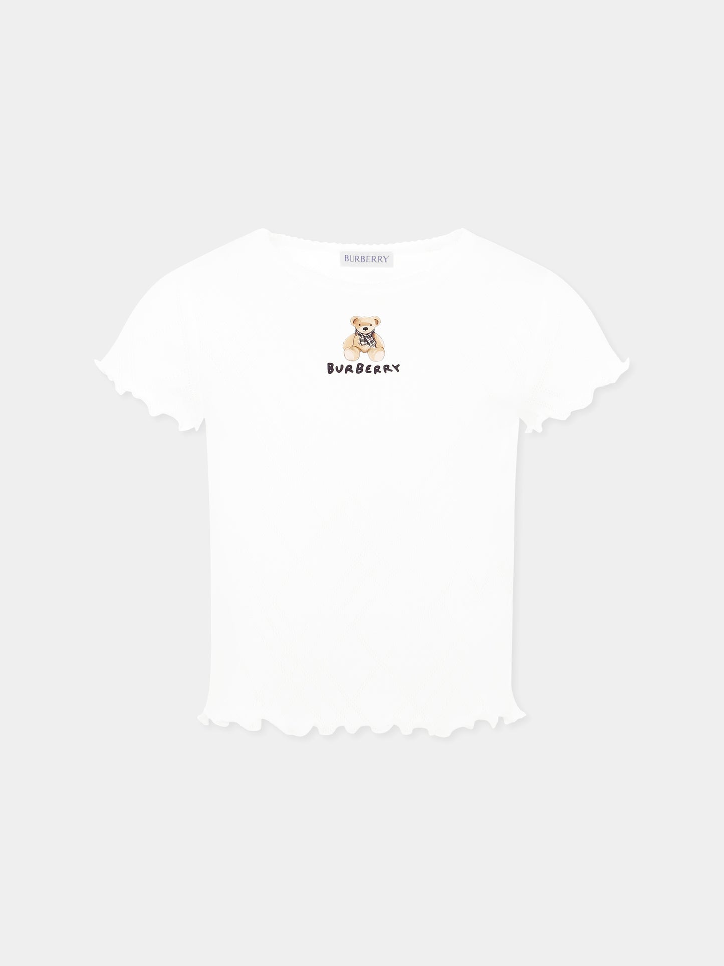 T-shirt bianca per bambina con orsetto e logo,Burberry Kids,8108566 A1464