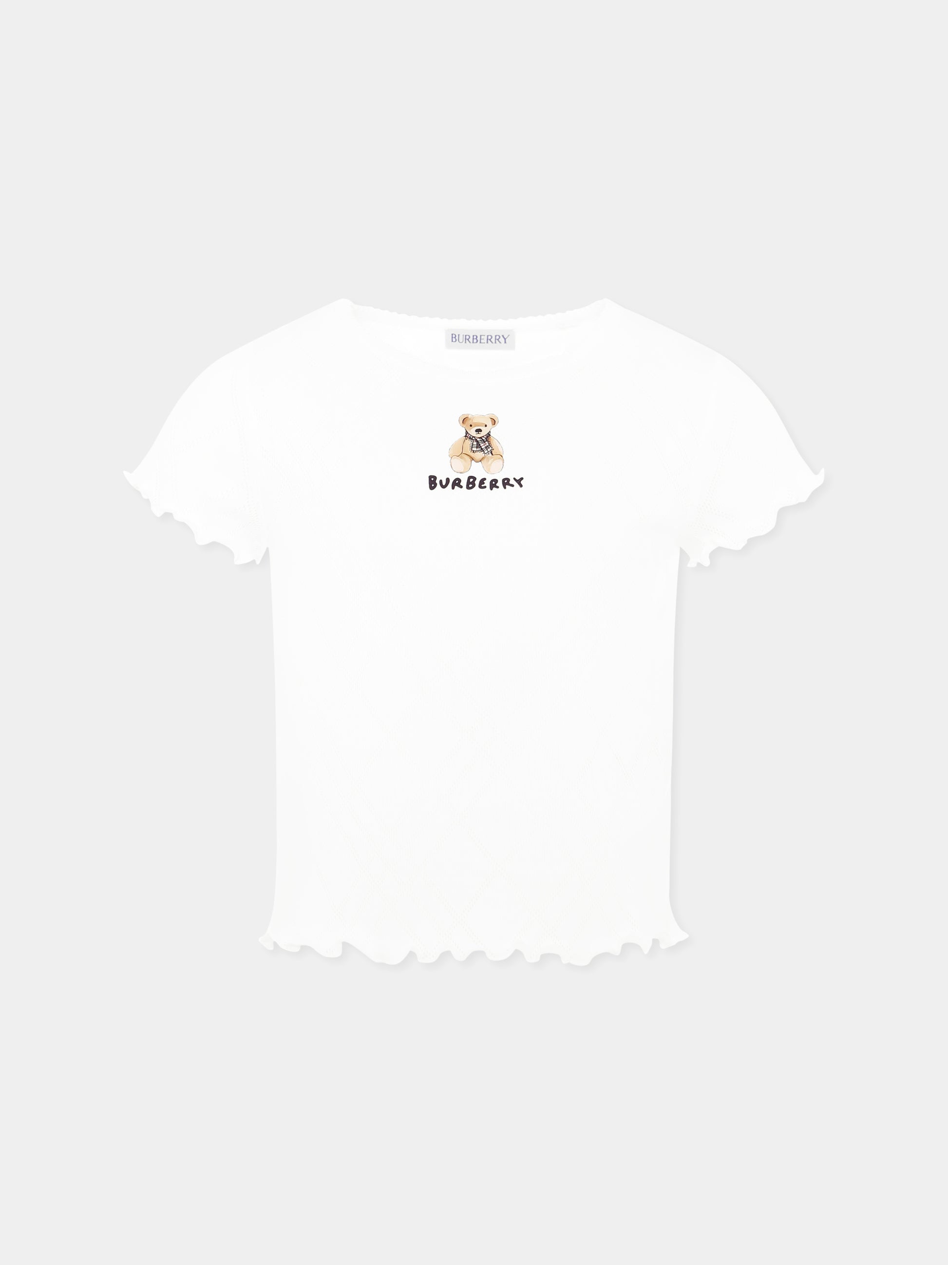 T-shirt bianca per bambina con orsetto e logo,Burberry Kids,8108566 A1464