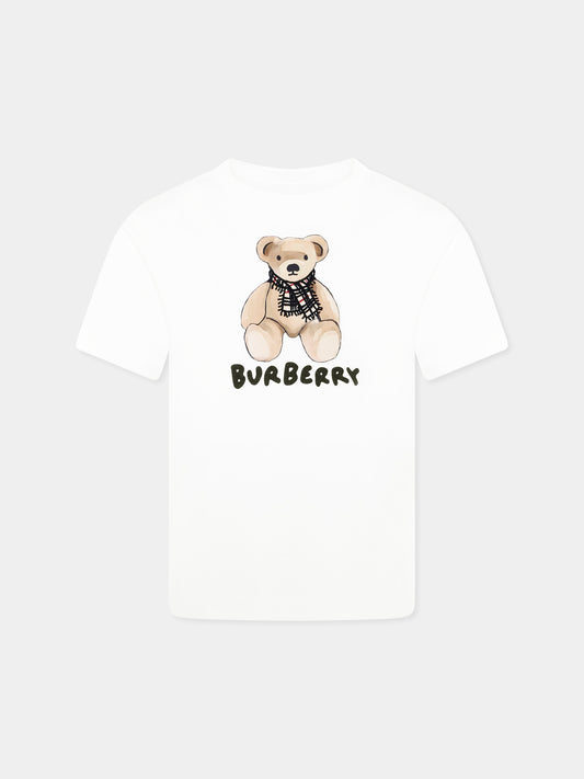 T-shirt bianca per bambini con orsetto e logo,Burberry Kids,8112389 A1464