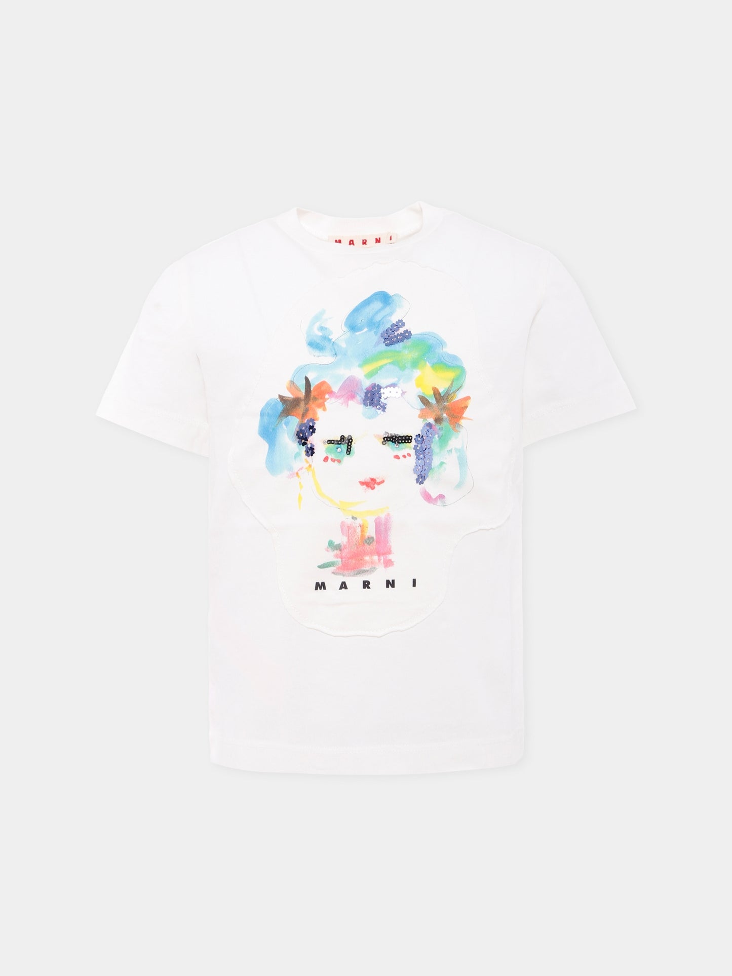 T-shirt bianca per bambina con stampa viso,Marni Kids,M01595 M00HZ 0M114
