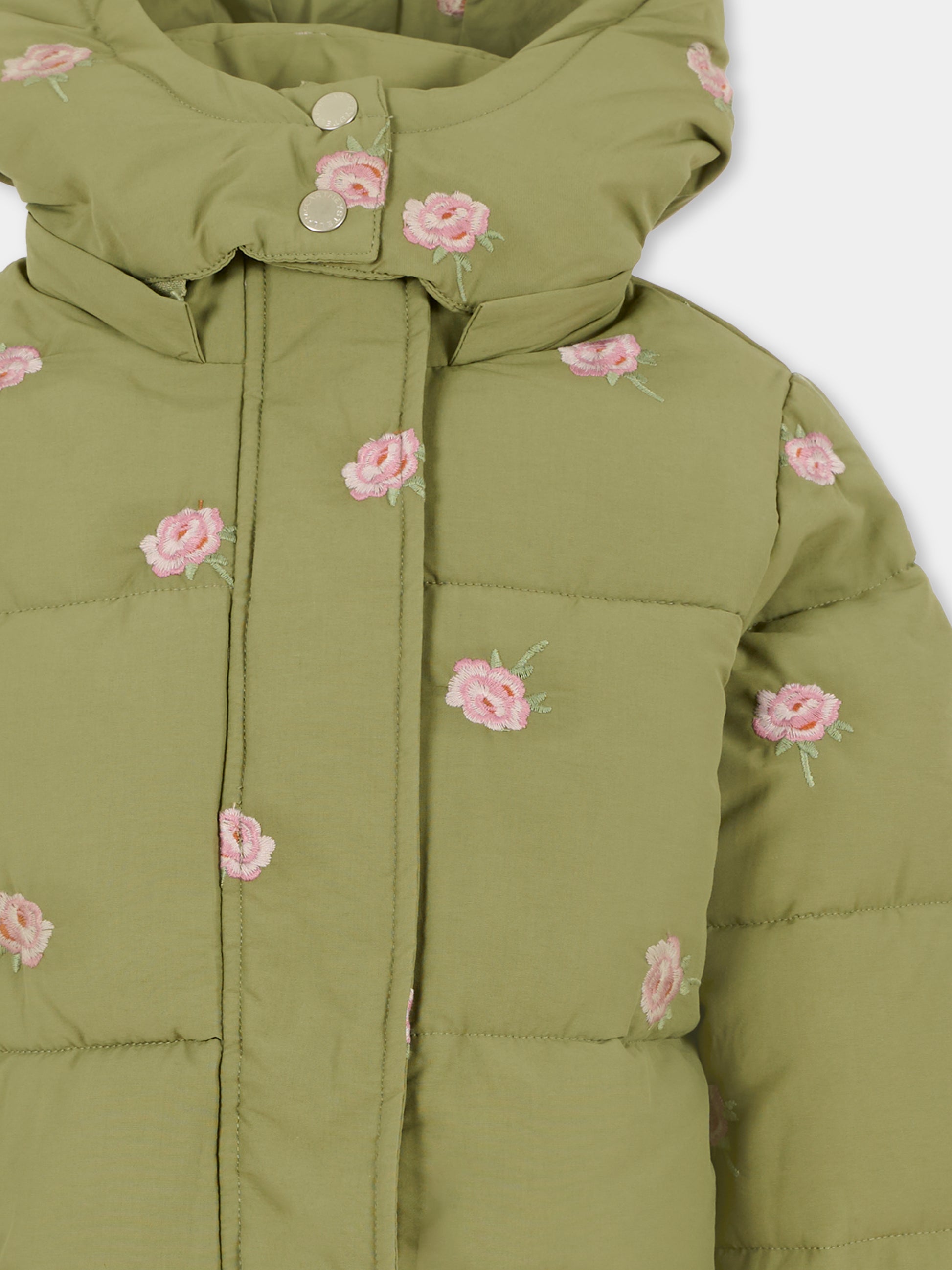 Piumino verde per bambina con fiori ricamati,Stella Mccartney Kids,TX2C77 Z3056 727EM