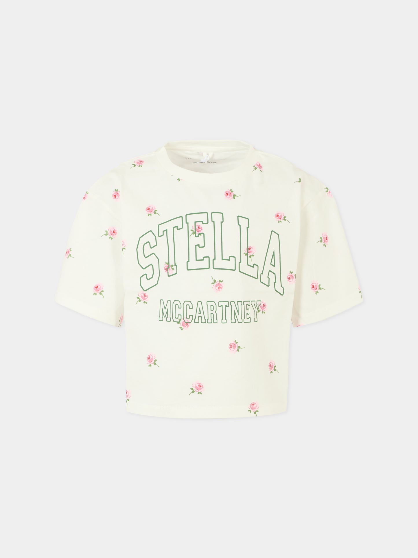 T-shirt avorio crop per bambina con fiori e logo,Stella Mccartney Kids,TX8C61 Z3101 103MC
