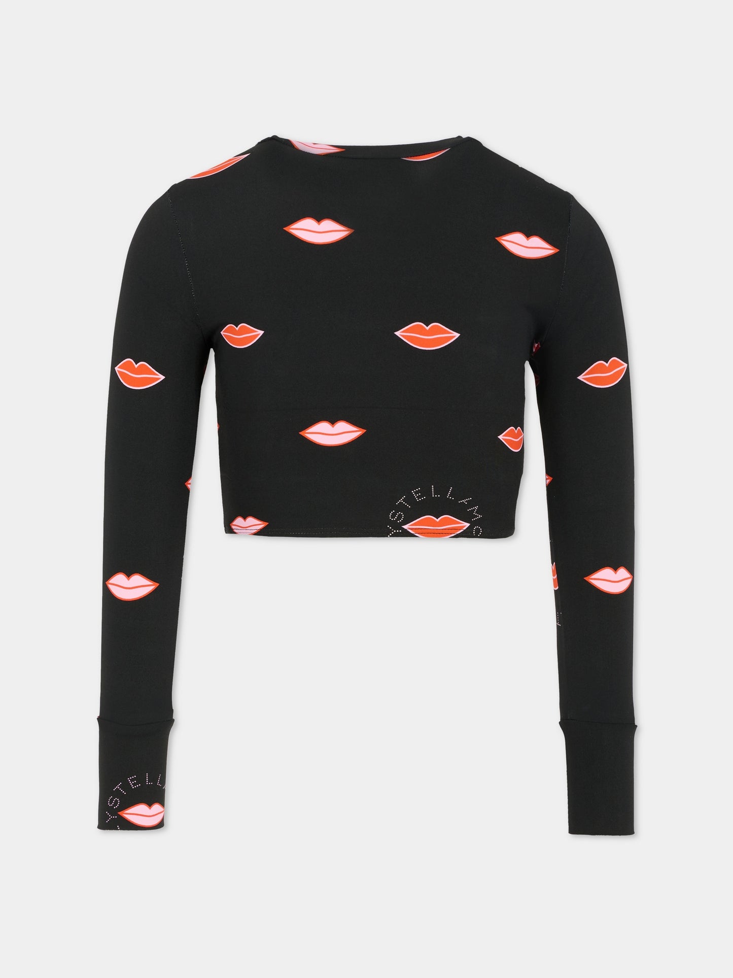 T-shirt crop nera per bambina con stampa bocca,Stella Mccartney Kids,TX8D50 Z3399 930MC