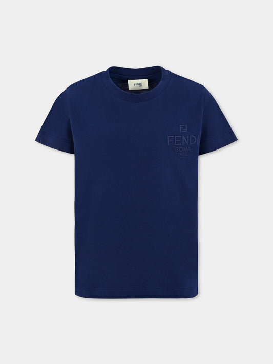 T-shirt blu per bambini con logo ricamato,Fendi Kids,JUI190 7AJ F1I11
