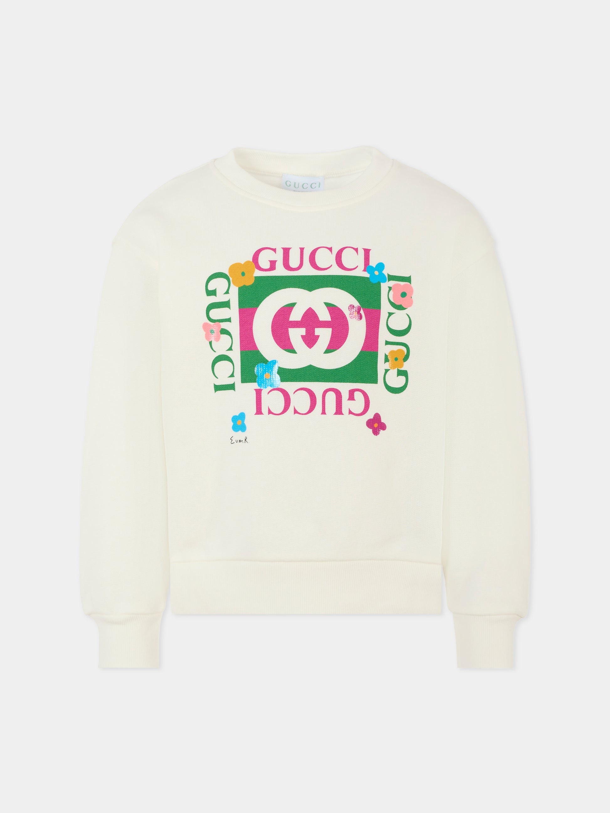 Felpa bianca per bambina con incrocio GG e fiori,Gucci Kids,799331 XJHFR 9214