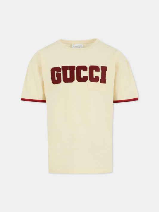 T-shirt avorio per bambino con patch Gucci,Gucci Kids,825187 XJHBE 9051