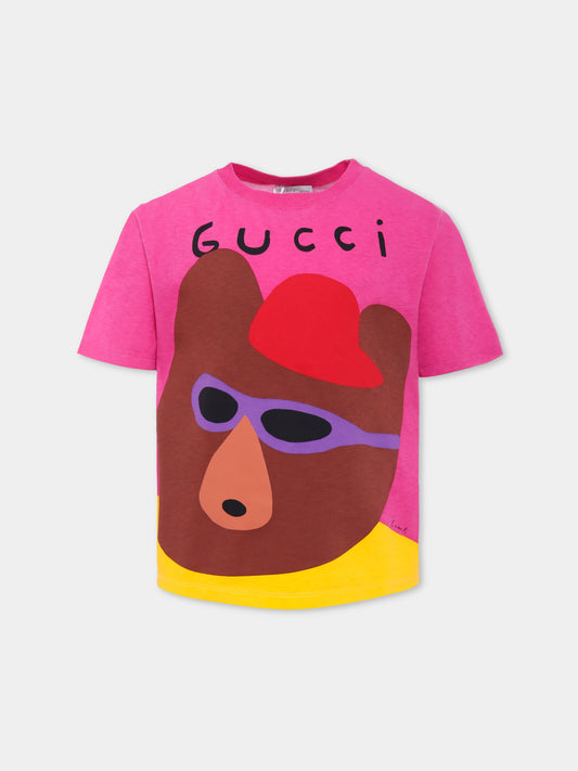 T-shirt fucsia per bambina con orso,Gucci Kids,575114 XJHFN 9016
