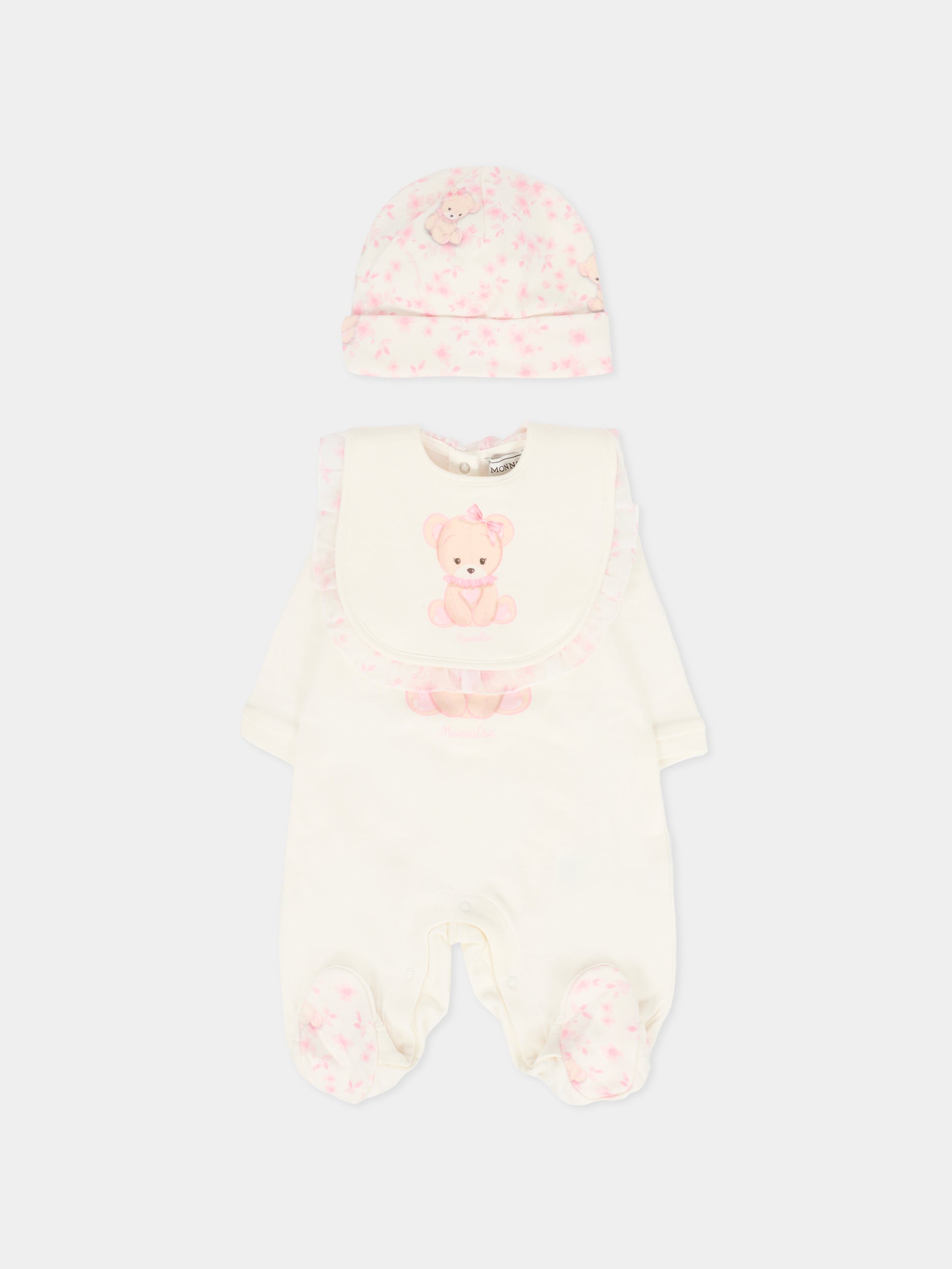 Set tutina avorio per neonata con orsetto rosa,Monnalisa,35F508 6000 0191