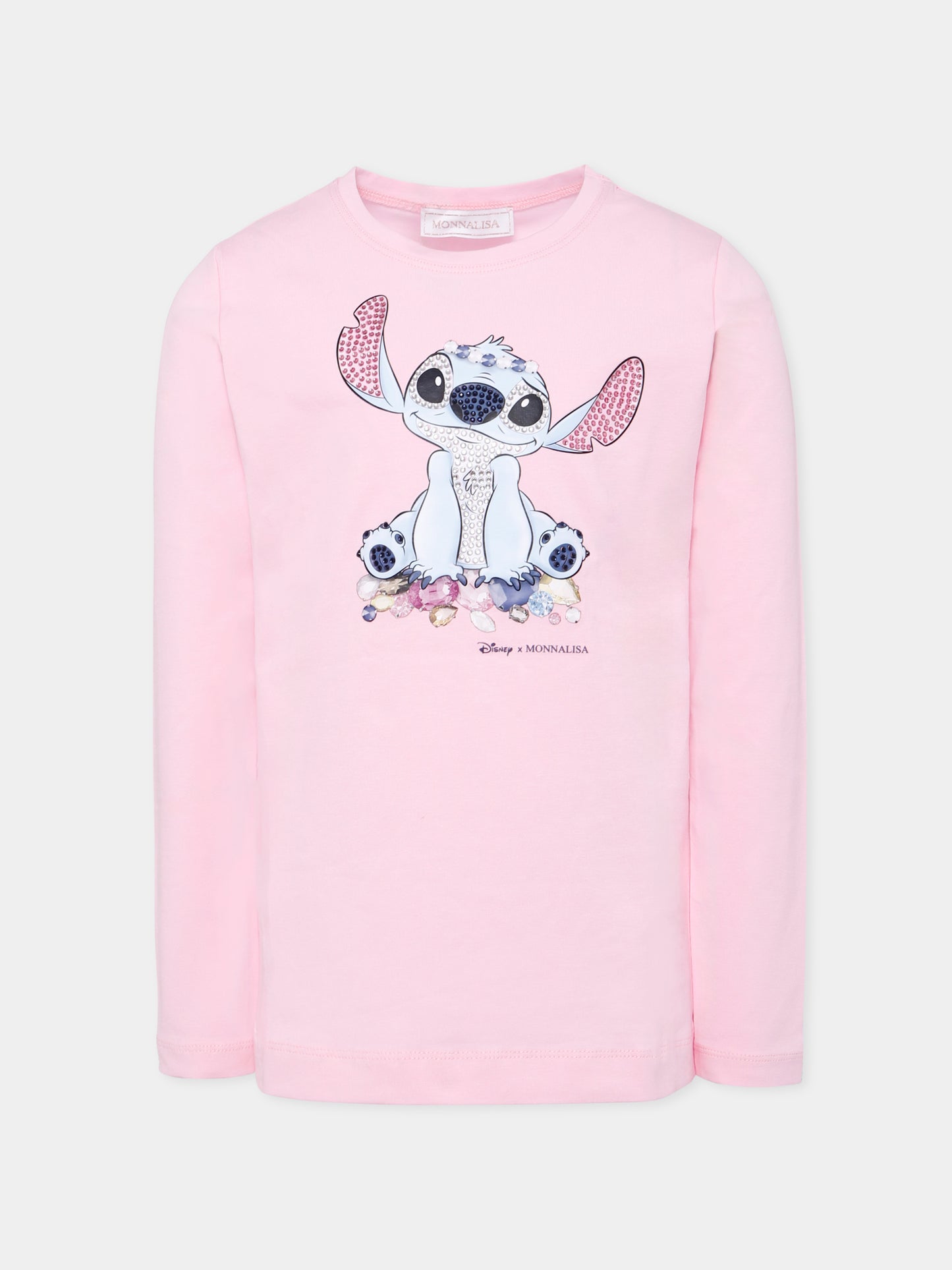 T-shirt rosa per bambina con stampa Stitch e strass,Monnalisa,19F610 6013 0090