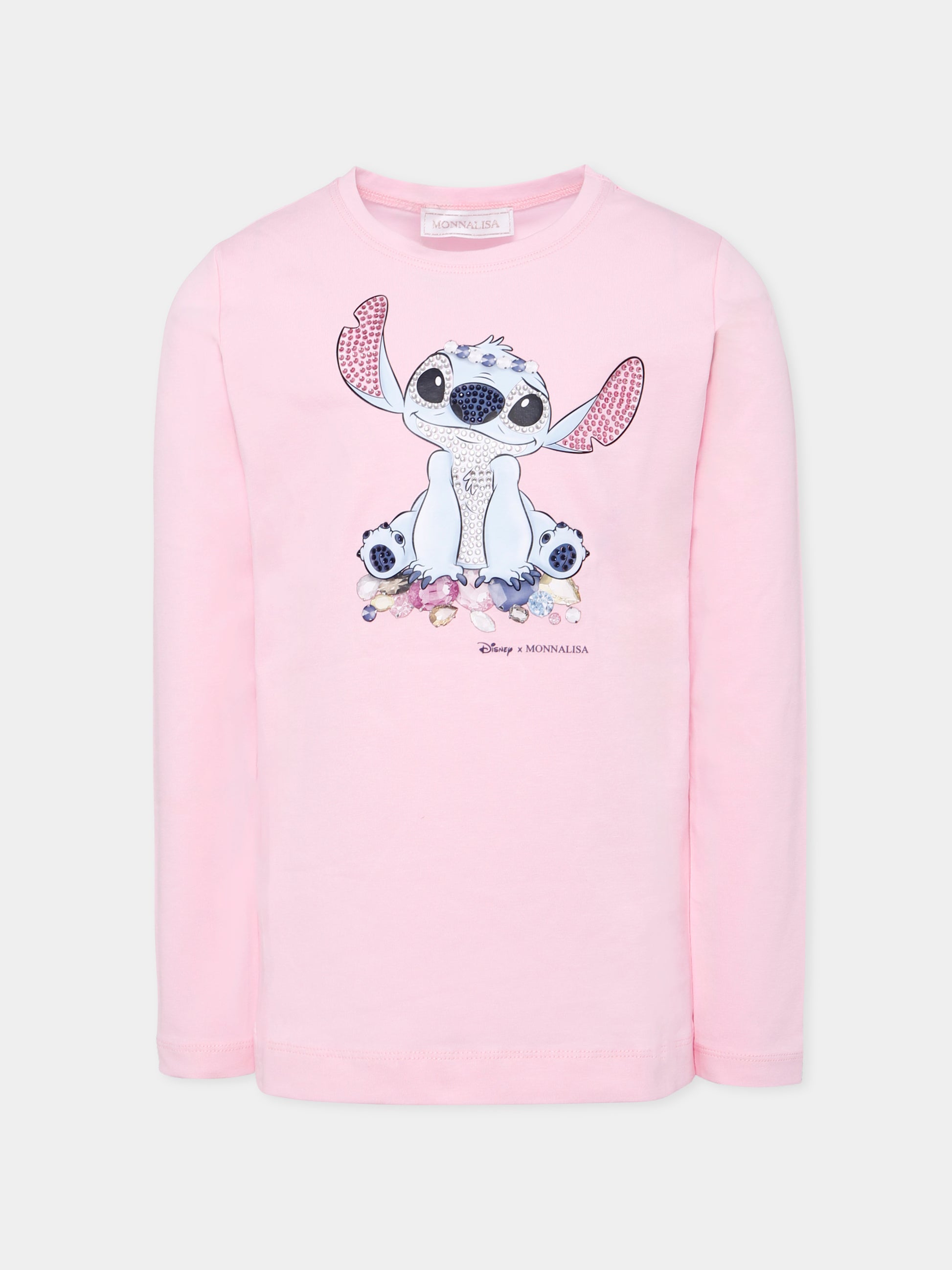 T-shirt rosa per bambina con stampa Stitch e strass,Monnalisa,19F610 6013 0090