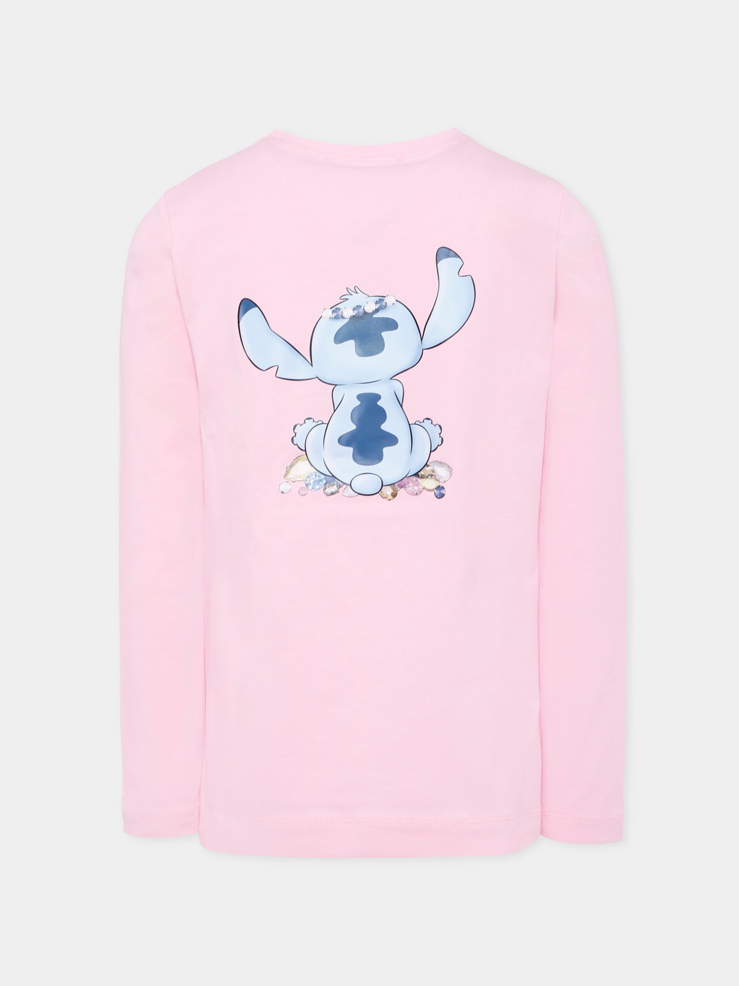 T-shirt rosa per bambina con stampa Stitch e strass,Monnalisa,19F610 6013 0090