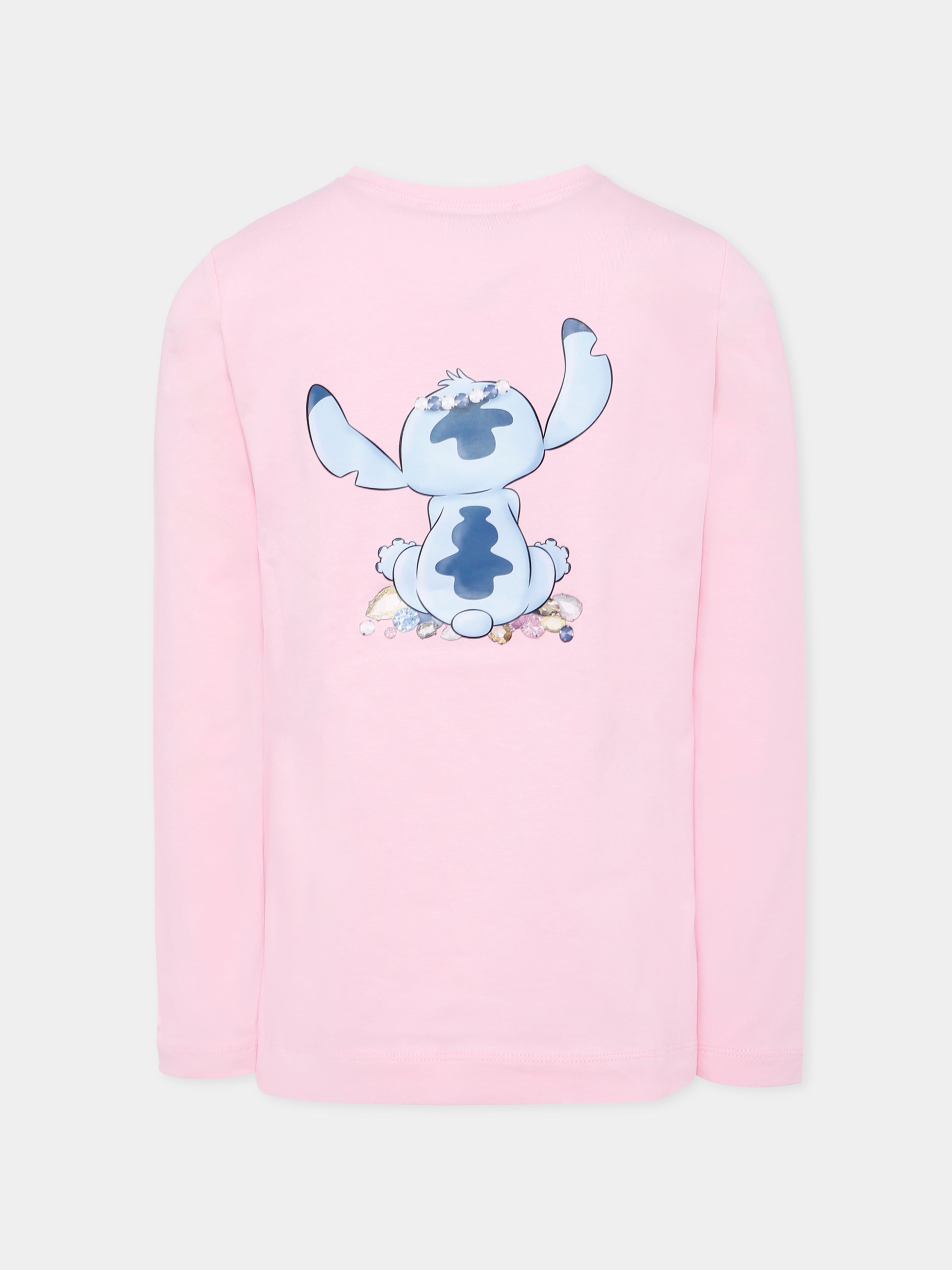 T-shirt rosa per bambina con stampa Stitch e strass,Monnalisa,19F610 6013 0090