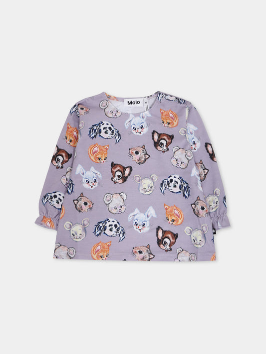 T-shirt Elina lilla per neonata con animali all over,Molo,4W25A402 9399
