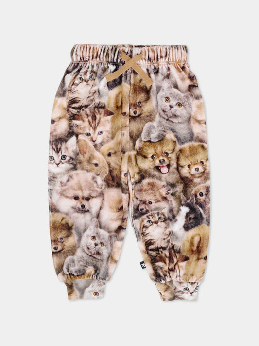 Pantaloni Simeon marroni per neonata con animali all over,Molo,4W25I207 9377