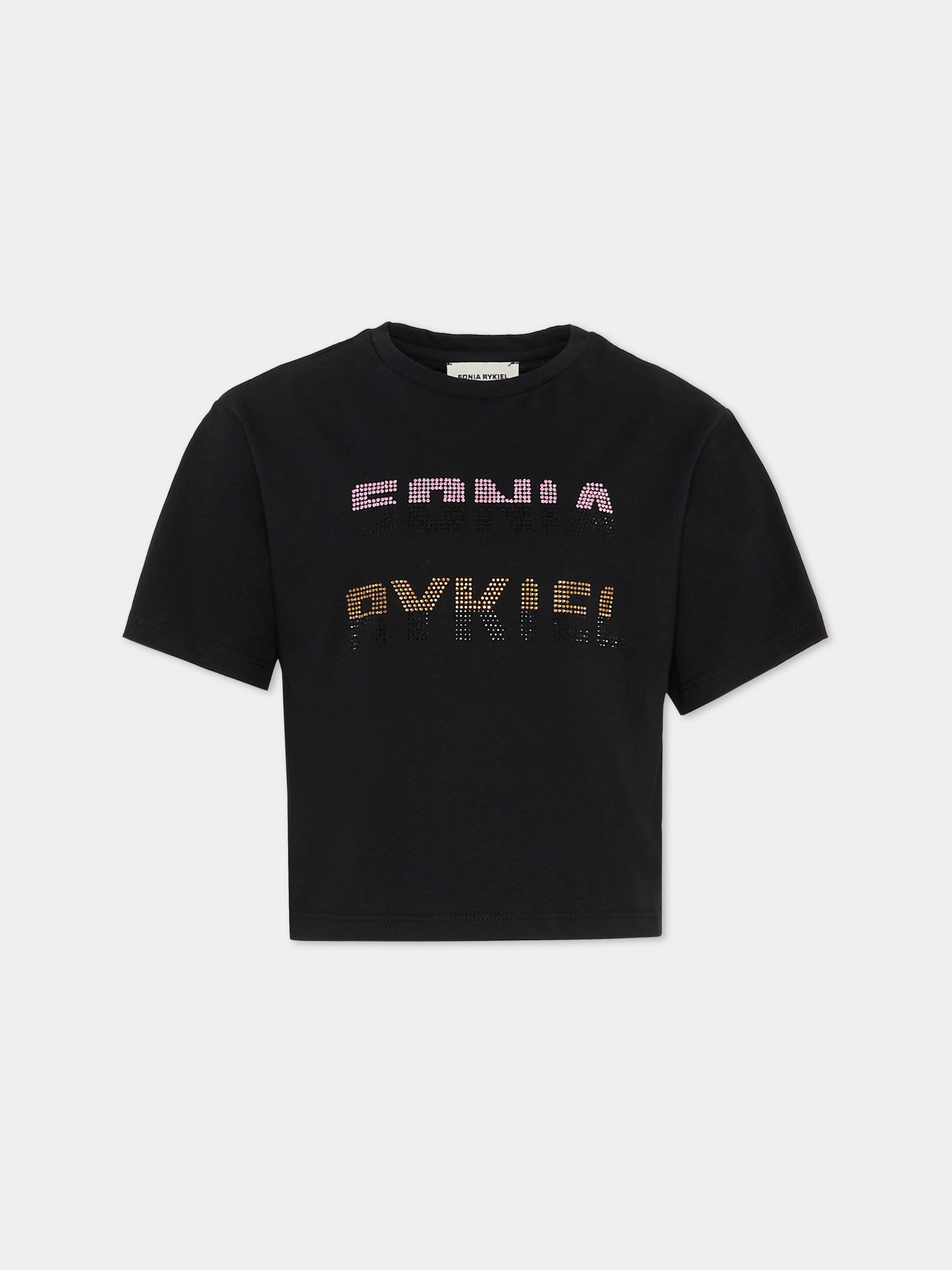 T-shirt crop nera per bambina con logo,Sonia Rykiel Paris,A00355 09B