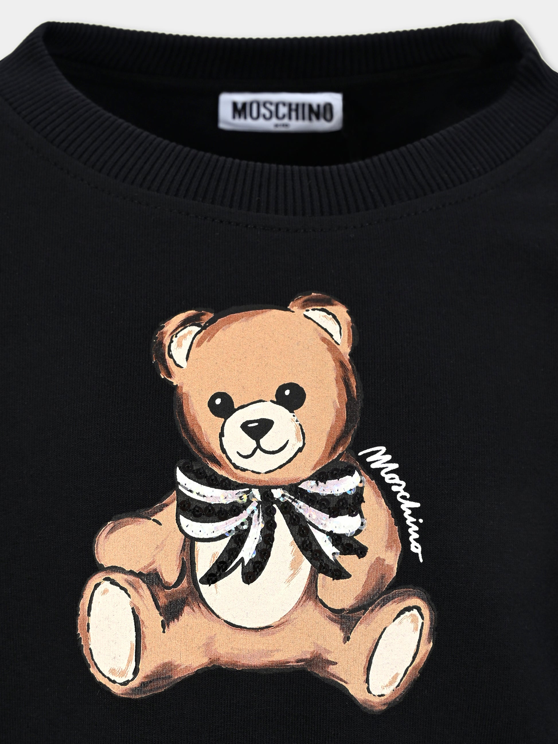 Felpa crop nera per bambina con Teddy Bear e paillettes,Moschino Kids,HDF06G LDA16 60100