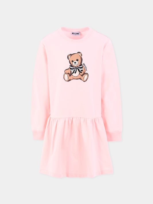 Vestito rosa per bambina con Teddy Bear e paillettes,Moschino Kids,HDV0H7 LDA16 50209