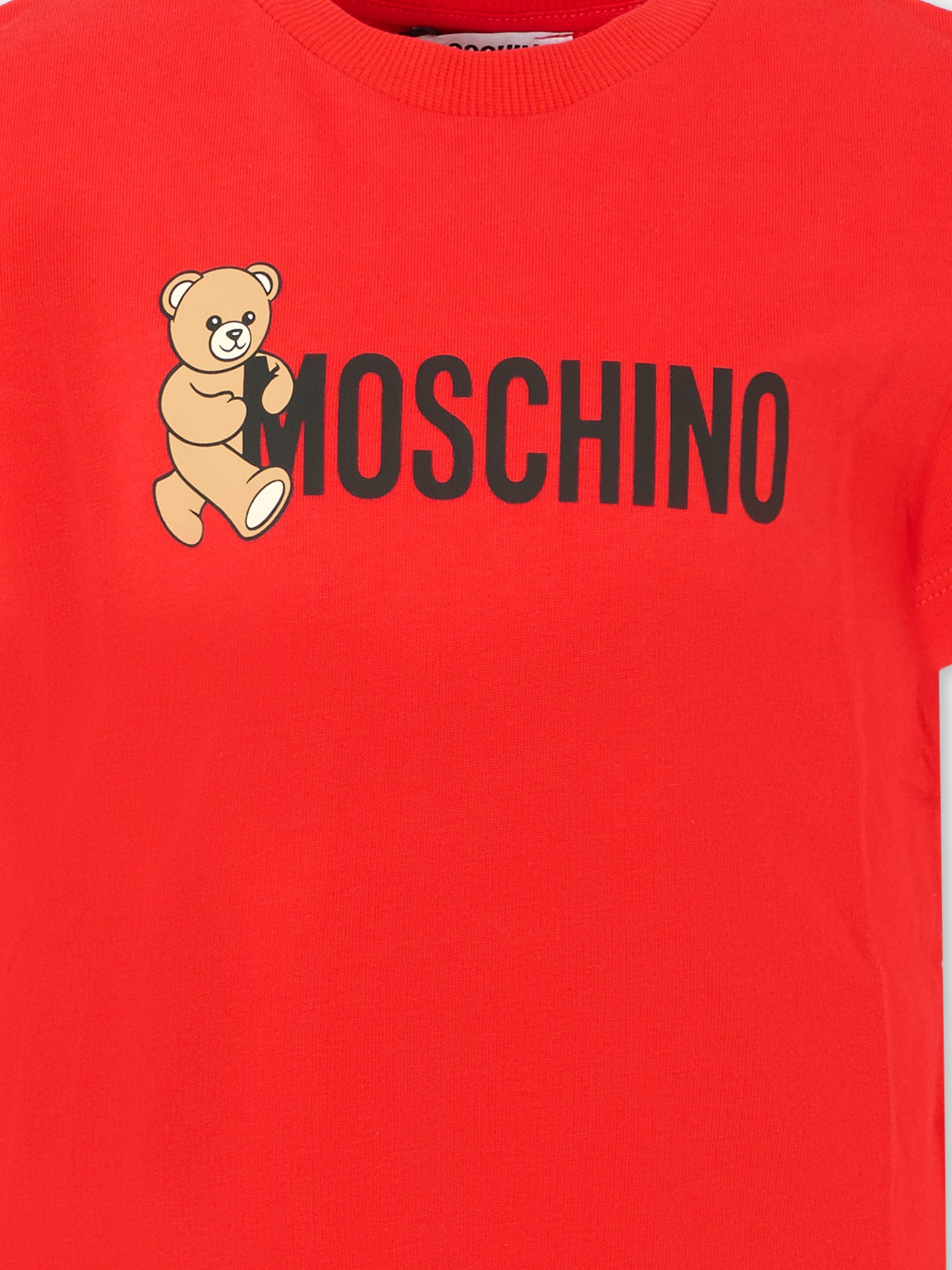 T-shirt rossa per bambini con Teddy Bear e logo,Moschino Kids,HPM058 LAA34 50109