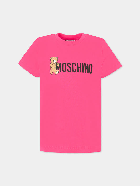 T-shirt fucsia per bambina con Teddy Bear e logo,Moschino Kids,HPM058 LAA34 50541