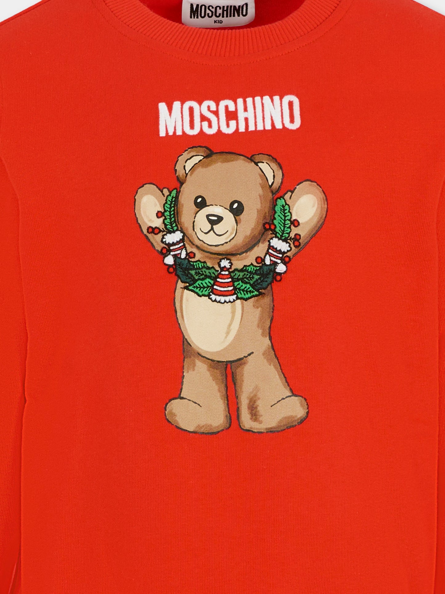 Felpa rossa per bambini con Teddy Bear e ghirlanda natalizia,Moschino Kids,HQF08V LCA14 50109
