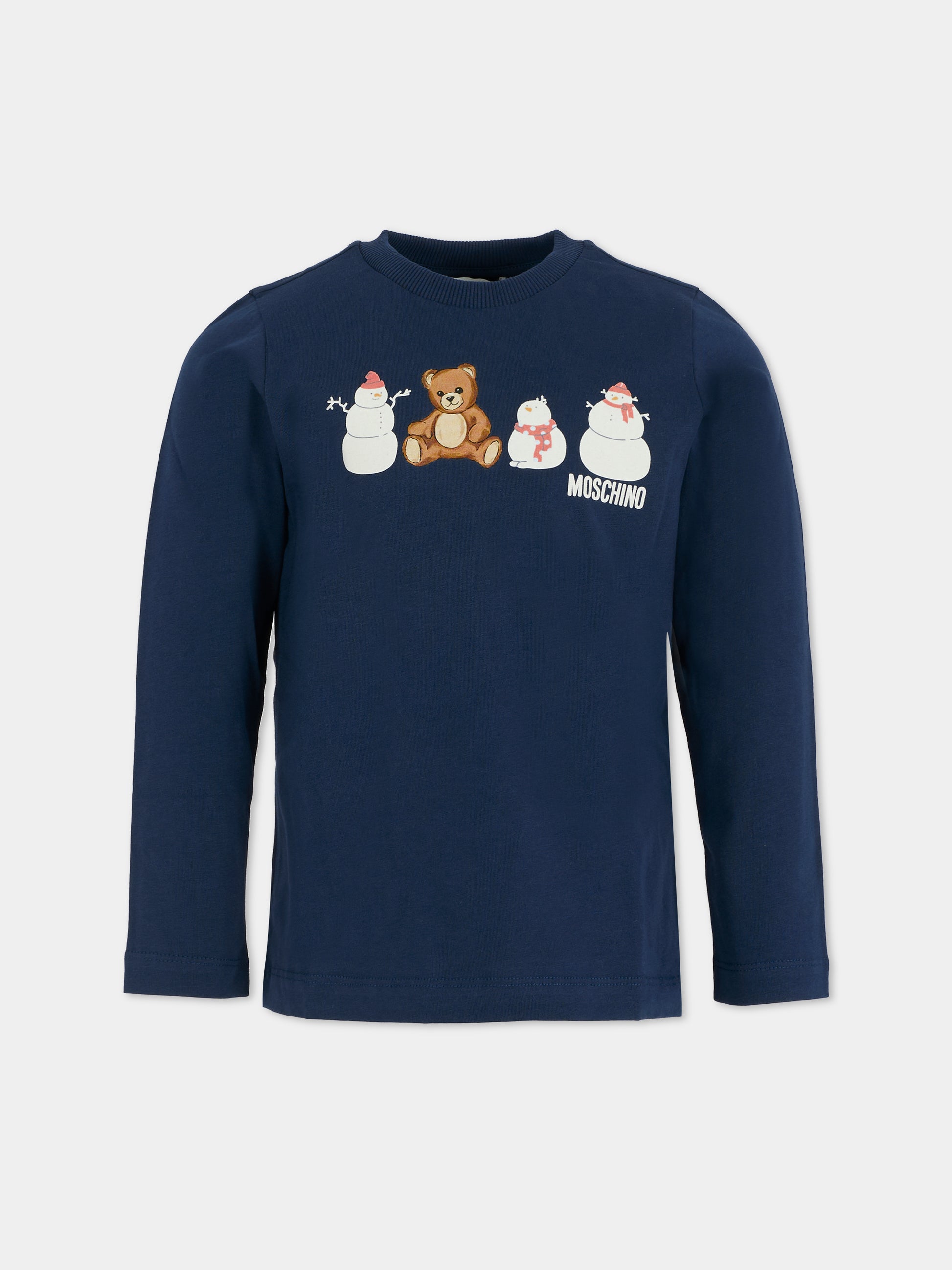 T-shirt blu per bambini con Teddy Bear e pupazzi di neve,Moschino Kids,HUO00Z LAA01 40016