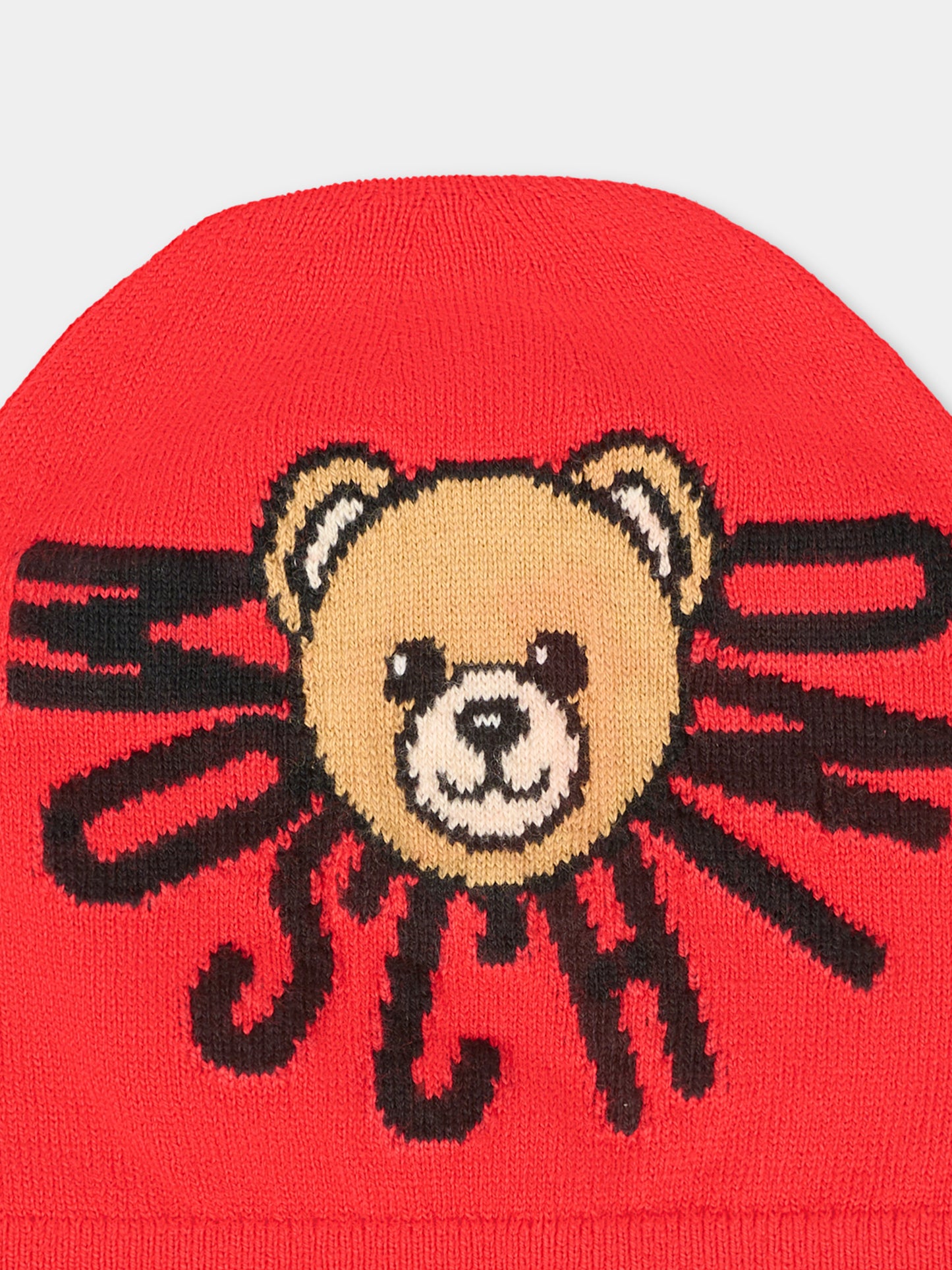 Berretto rosso per bambini con Teddy Bear e logo,Moschino Kids,HUX02O LHE43 50109