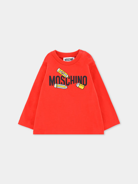 T-shirt rossa per neonati con stampa back to school,Moschino Kids,M7O00R LAA01 50109