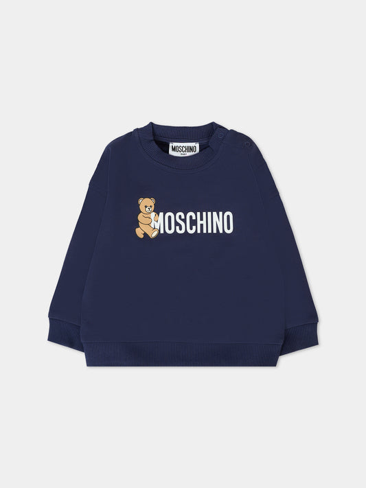 Felpa blu per neonati con logo e Teddy Bear,Moschino Kids,M8F03Q LCA83 40016