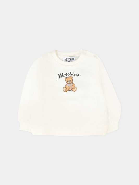 Felpa avorio per neonata con Teddy Bear e logo,Moschino Kids,MDF033 LCA40 10063