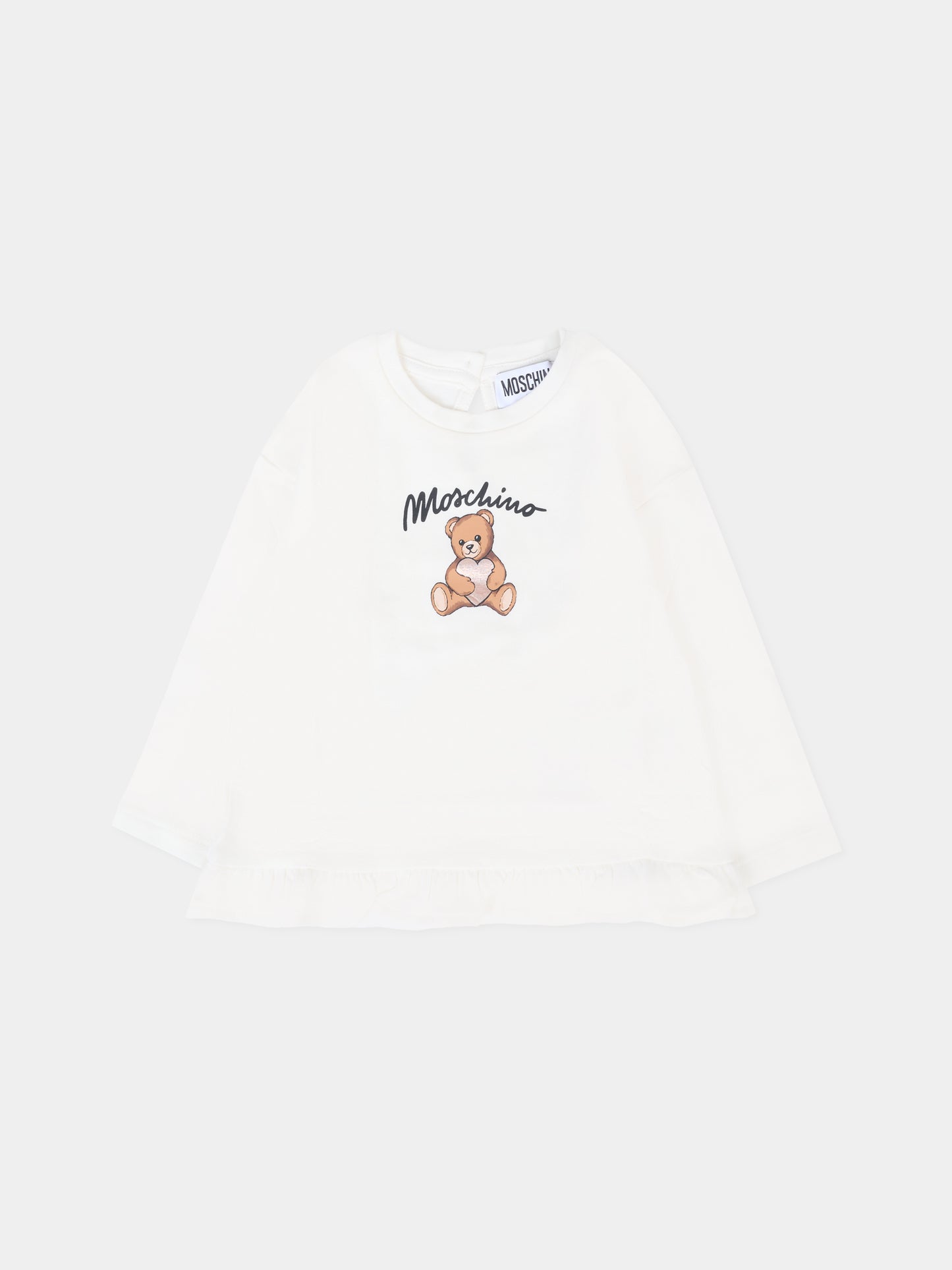 T-shirt avorio per neonata con Teddy Bear e cuore,Moschino Kids,MDO00S LBA11 10063