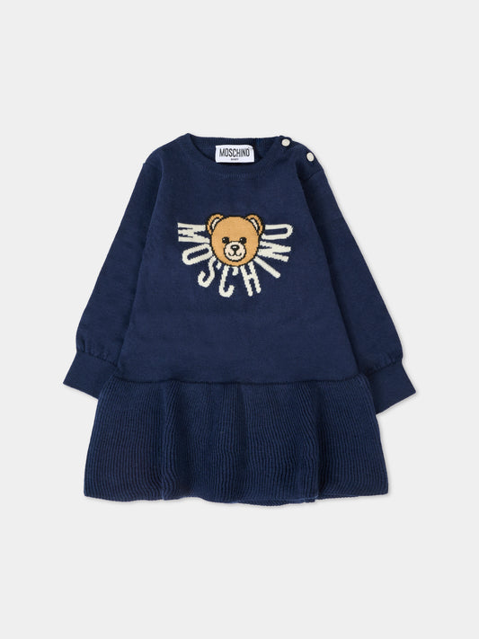 Vestito blu per neonata con Teddy Bear,Moschino Kids,MDV0CT LHE43 40016