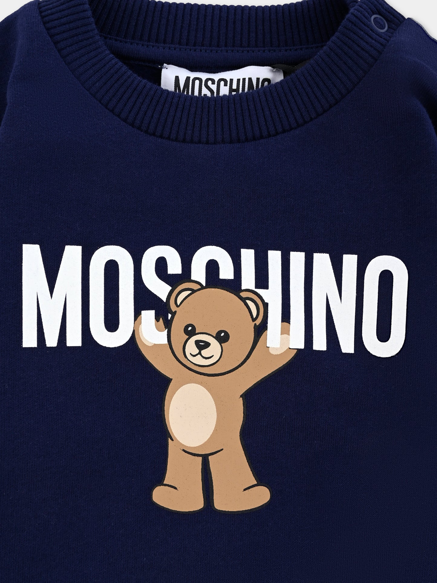 Felpa blu per neonati con logo e Teddy Bear,Moschino Kids,MNF060 LCA40 40016