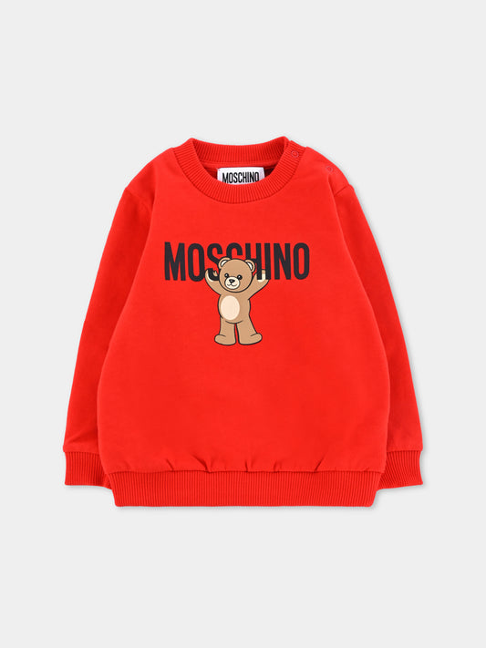 Felpa rossa per neonati con logo e Teddy Bear,Moschino Kids,MNF060 LCA40 50109