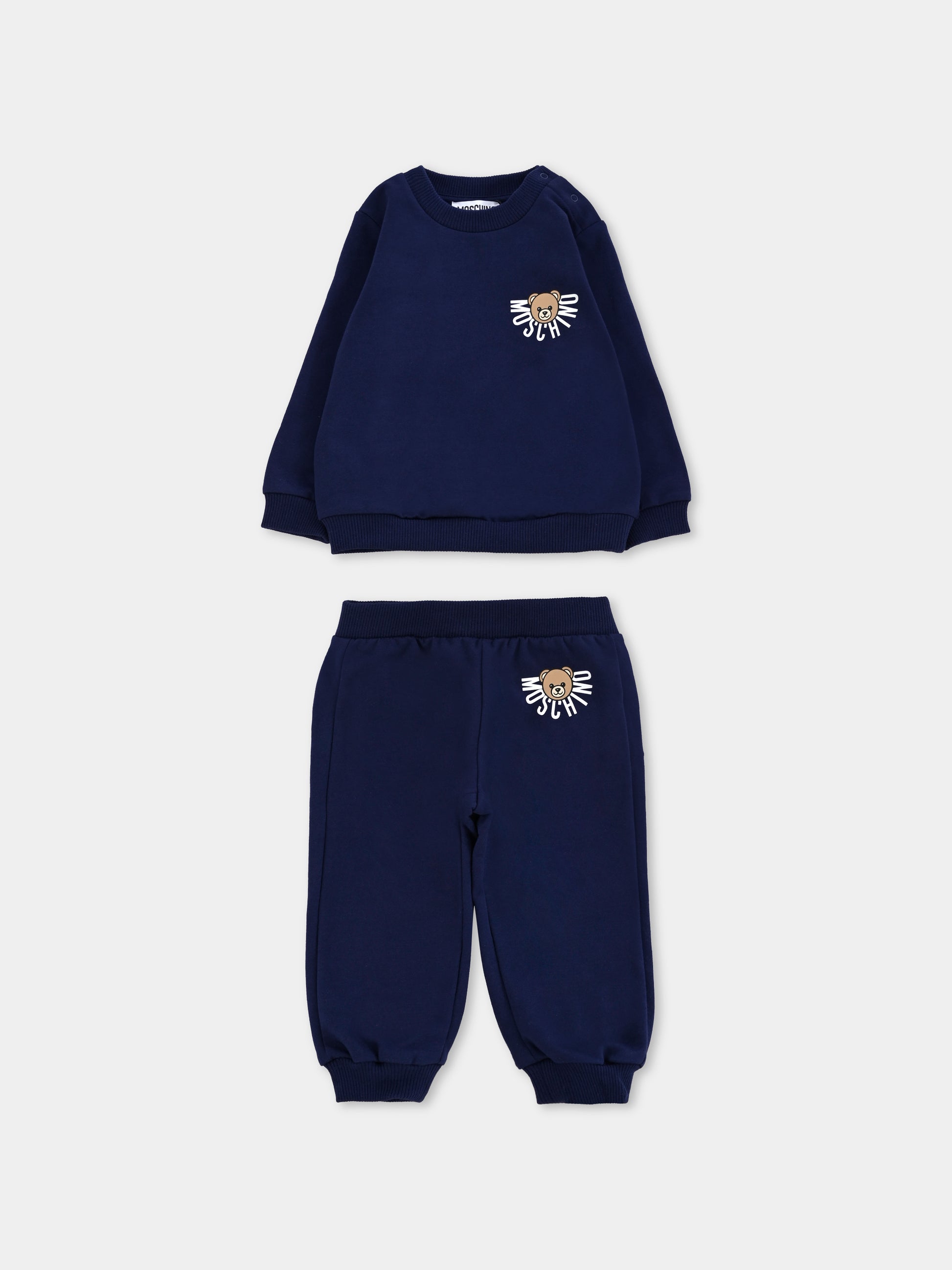 Completo blu per neonati con logo e Teddy Bear,Moschino Kids,MUK05E LCA40 40016