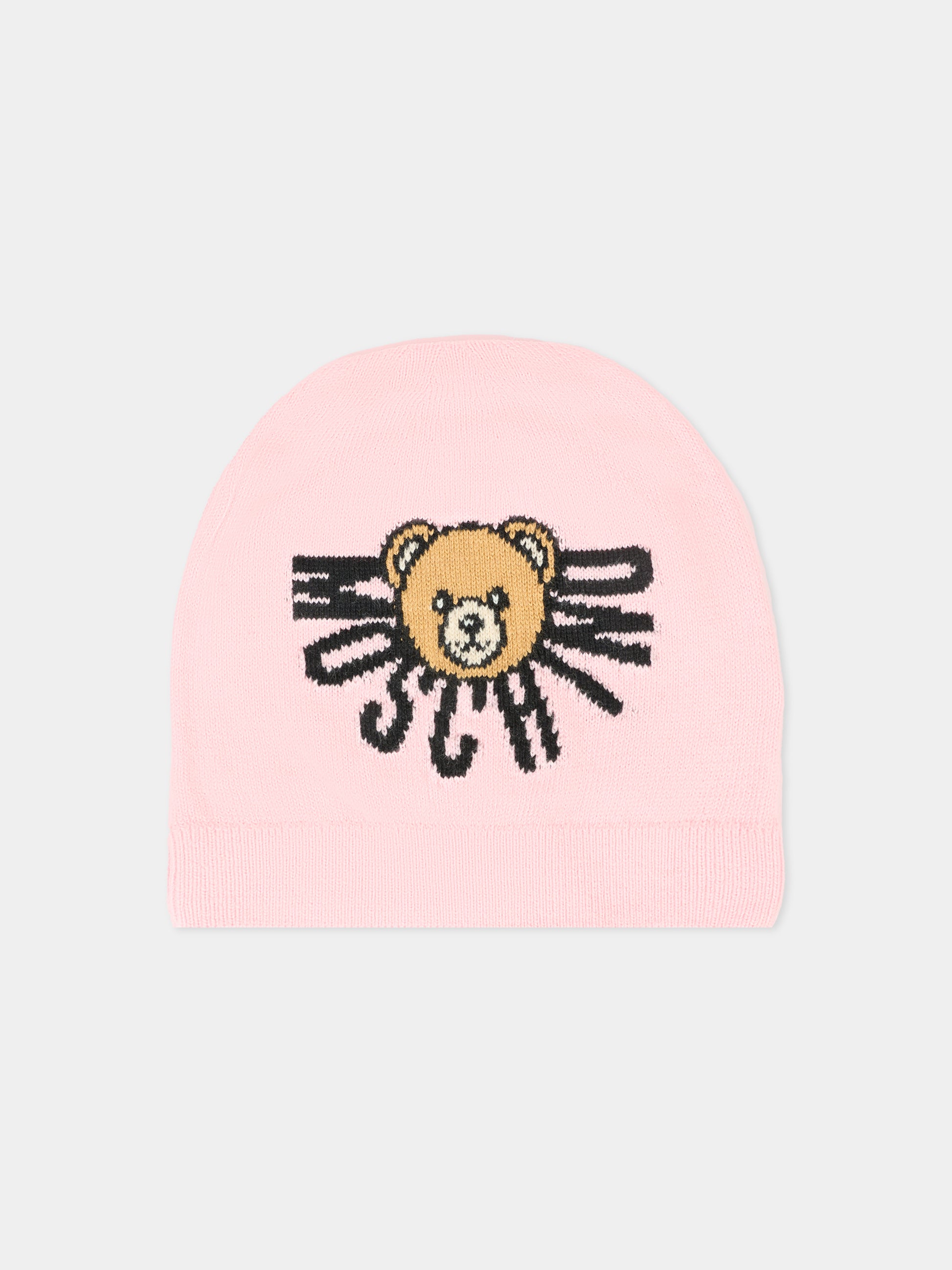 Berretto rosa per neonata con Teddy Bear e logo,Moschino Kids,MUX05K LHE43 50209