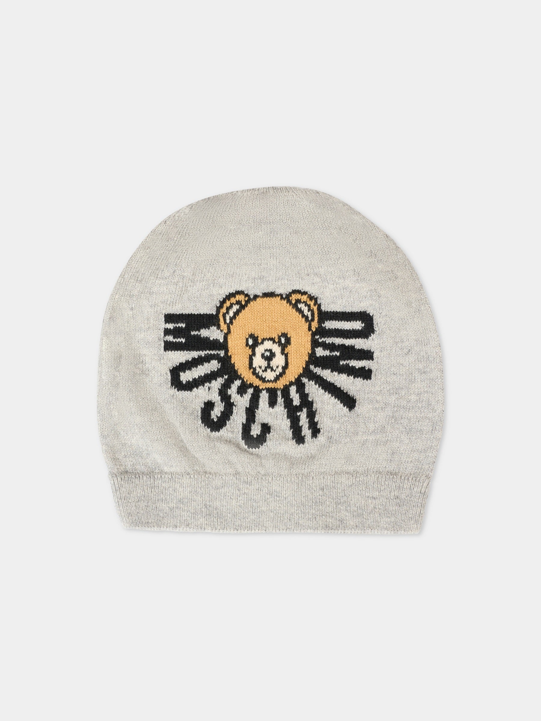 Berretto grigio per neonati con Teddy Bear e logo,Moschino Kids,MUX05K LHE43 60901