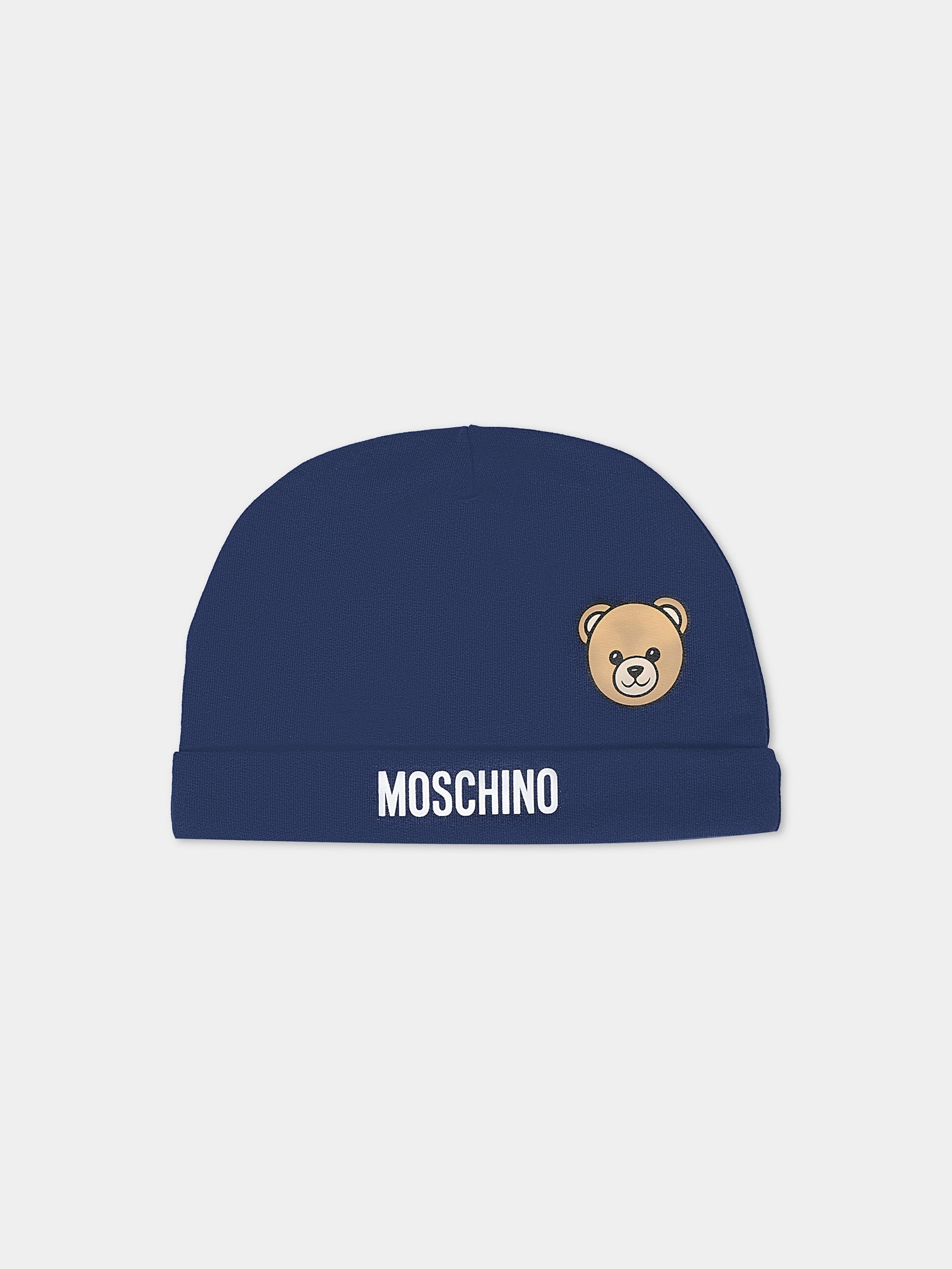 Berretto blu per neonato con Teddy Bear,Moschino Kids,MUX05L LCA40 40016