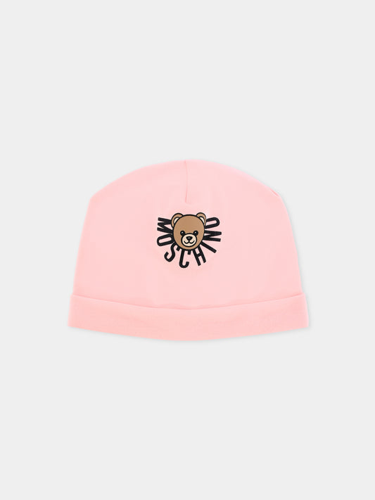 Berretto rosa per neonata con Teddy Bear,Moschino Kids,MXX031 LDA17 50209